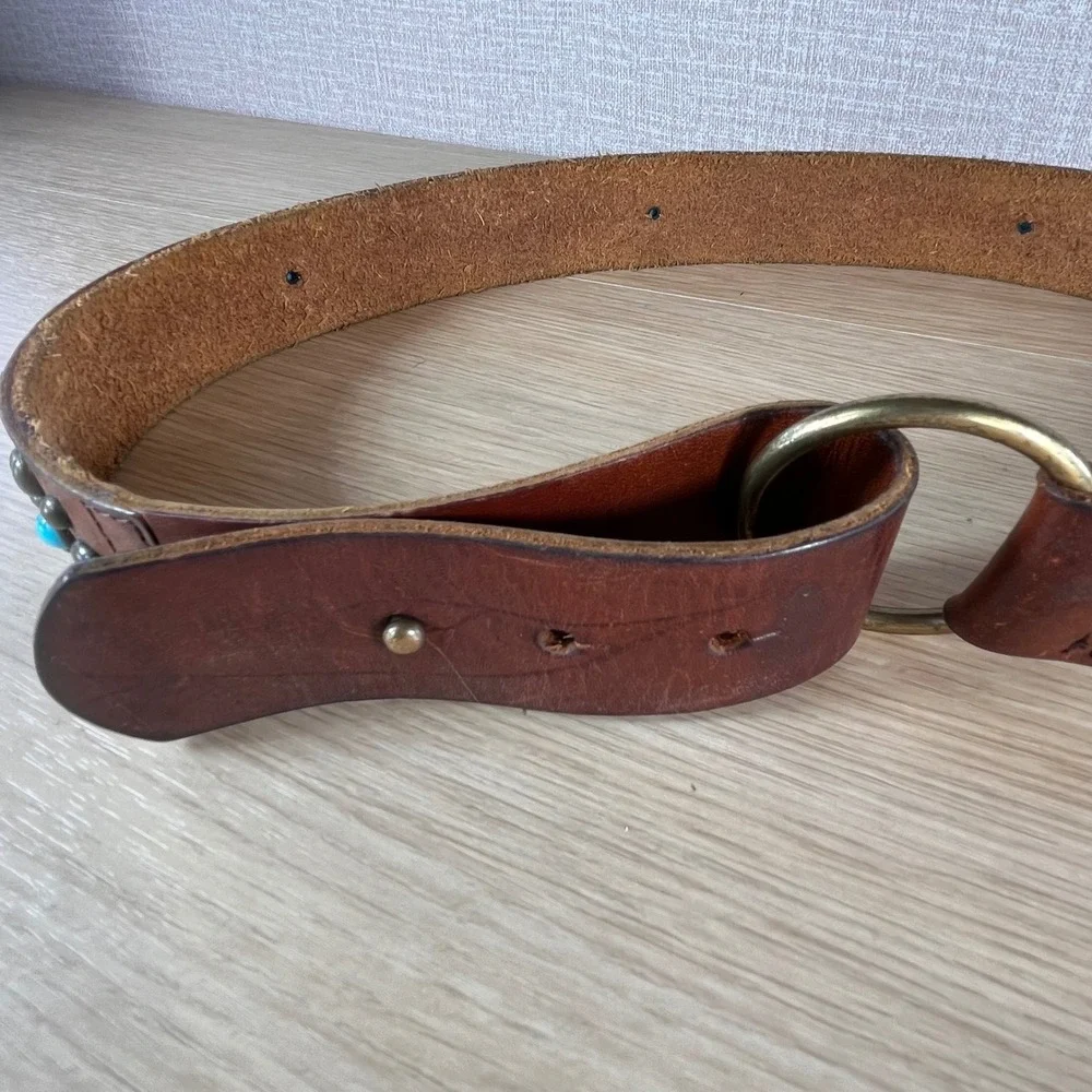 Vintage Brown Leather Studded Floral Turquoise Belt O-Ring Western Boho Cowgirl